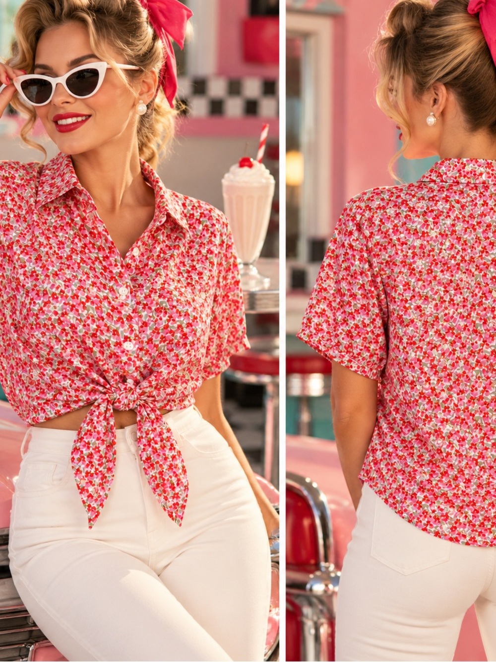 FRNCH Women’s Floral Tie-Front Button Down Blouse Pink Red Short Sleeve large